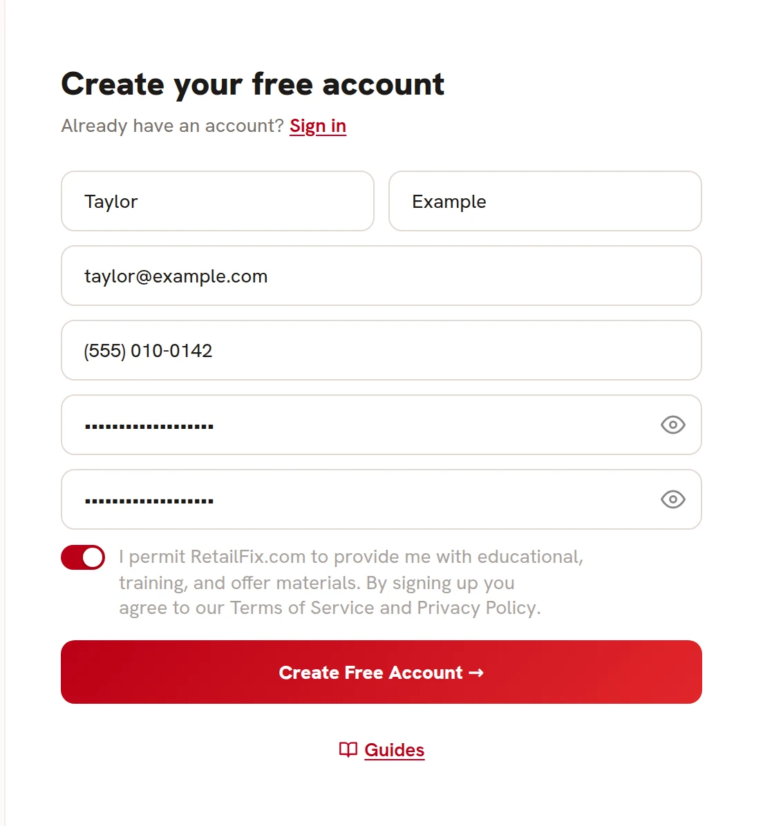 The Create your free account form, filled in with sample details