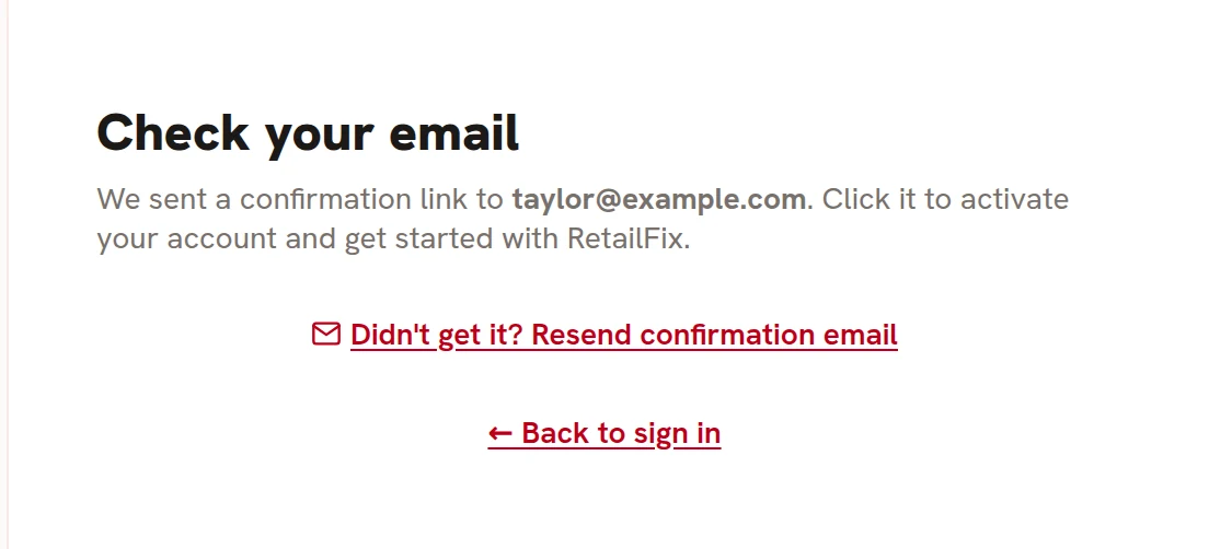 The Check your email screen with the resend link