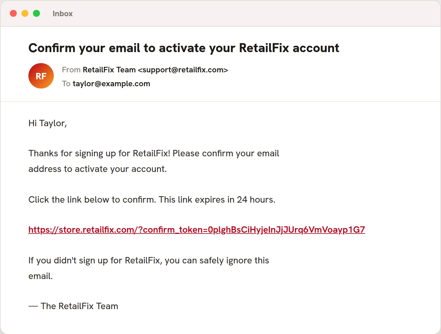 The confirmation email with its link