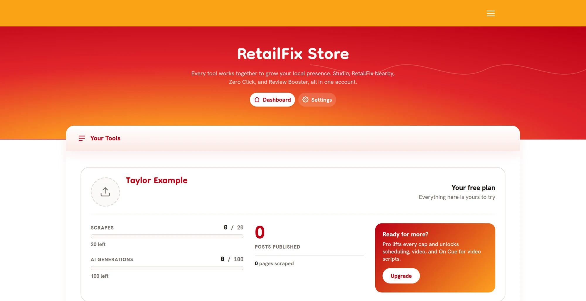 A new free account's dashboard with the Your free plan panel