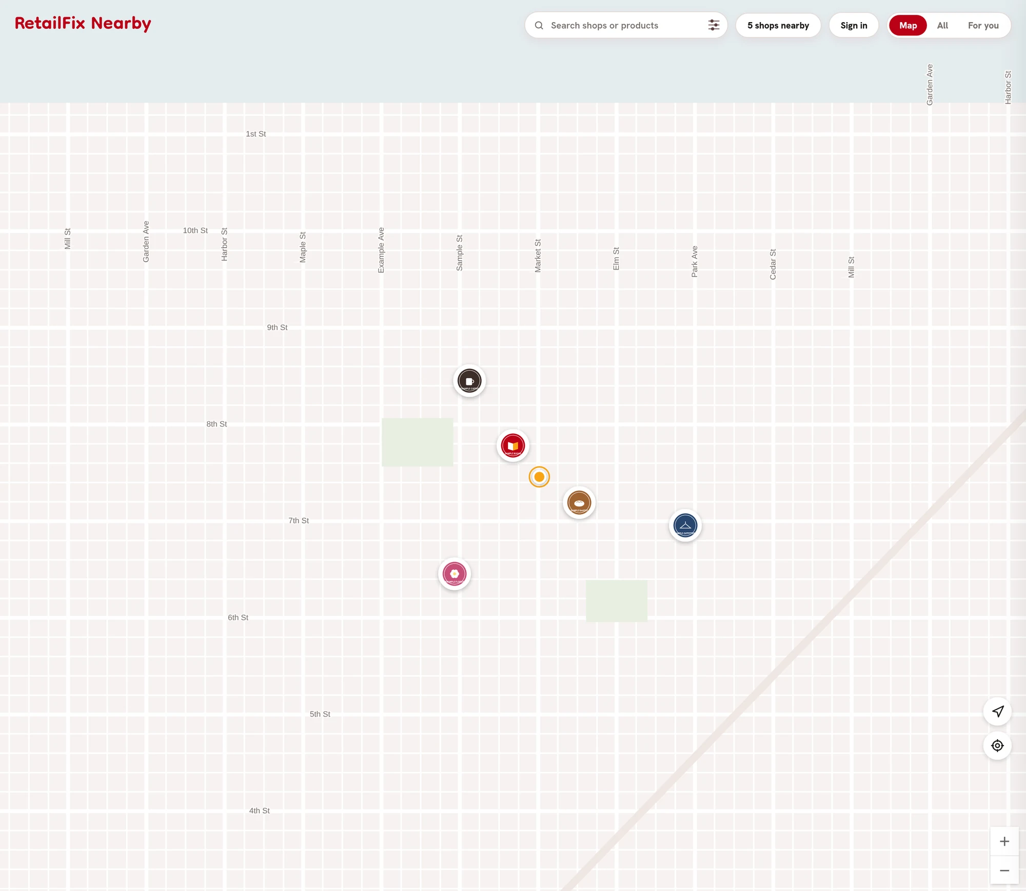 The Nearby map with shop pins