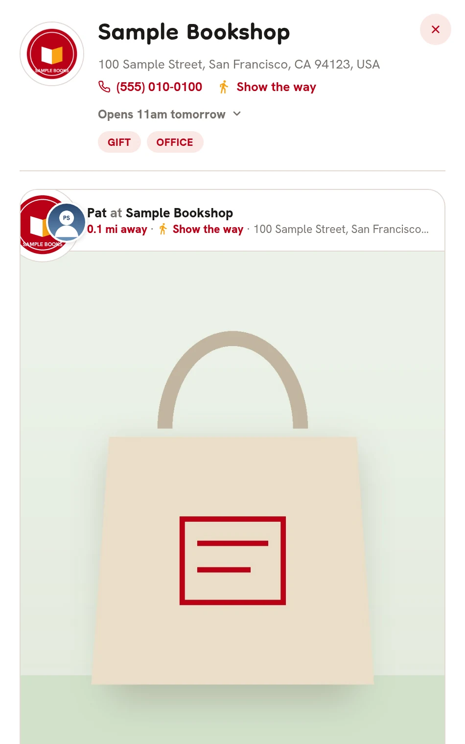 A shop's page with its details and first post
