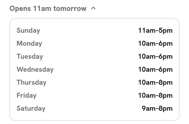 A shop's opening hours for the week