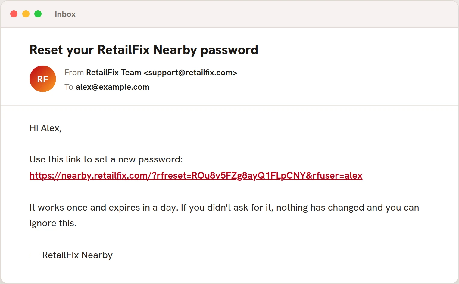The reset email