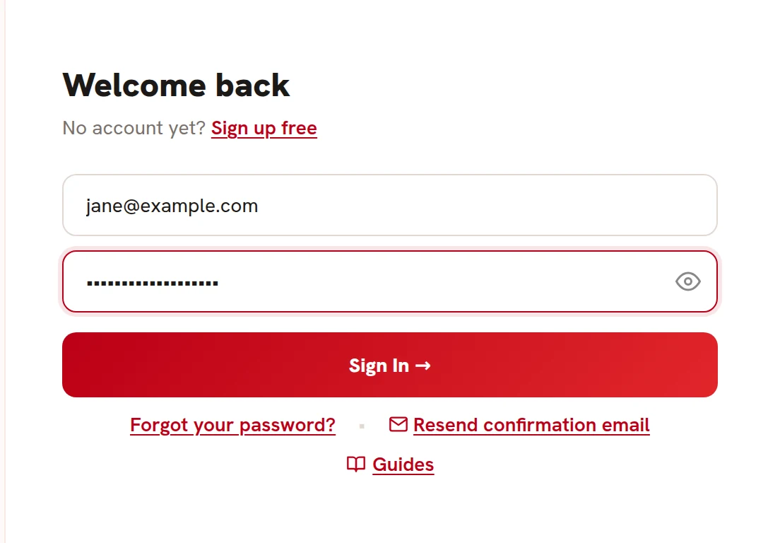 The Welcome back login form with a sample email filled in