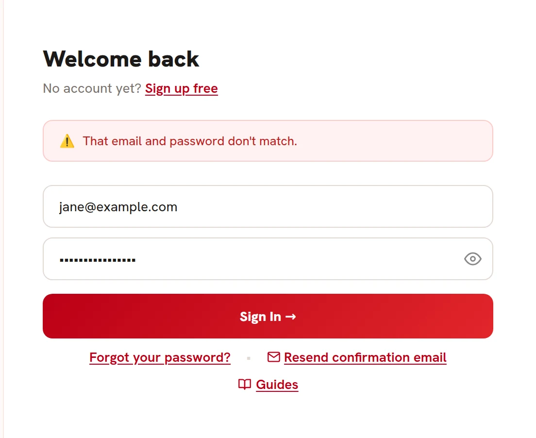 The login form showing That email and password don't match