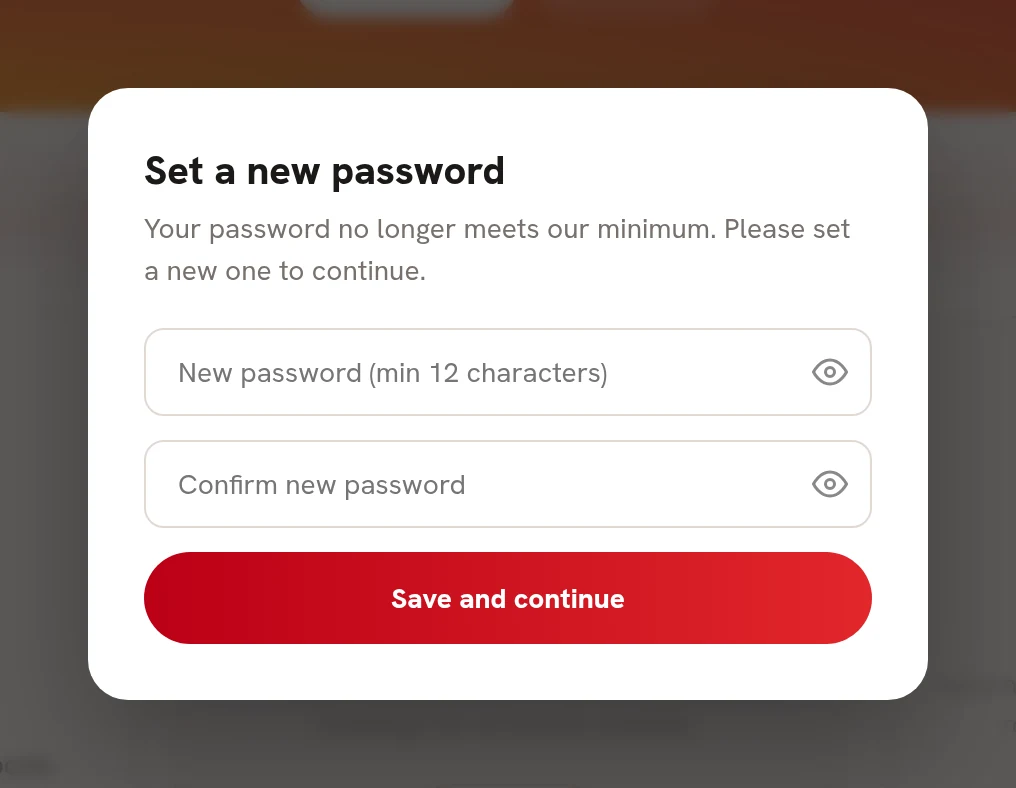 The Set a new password window