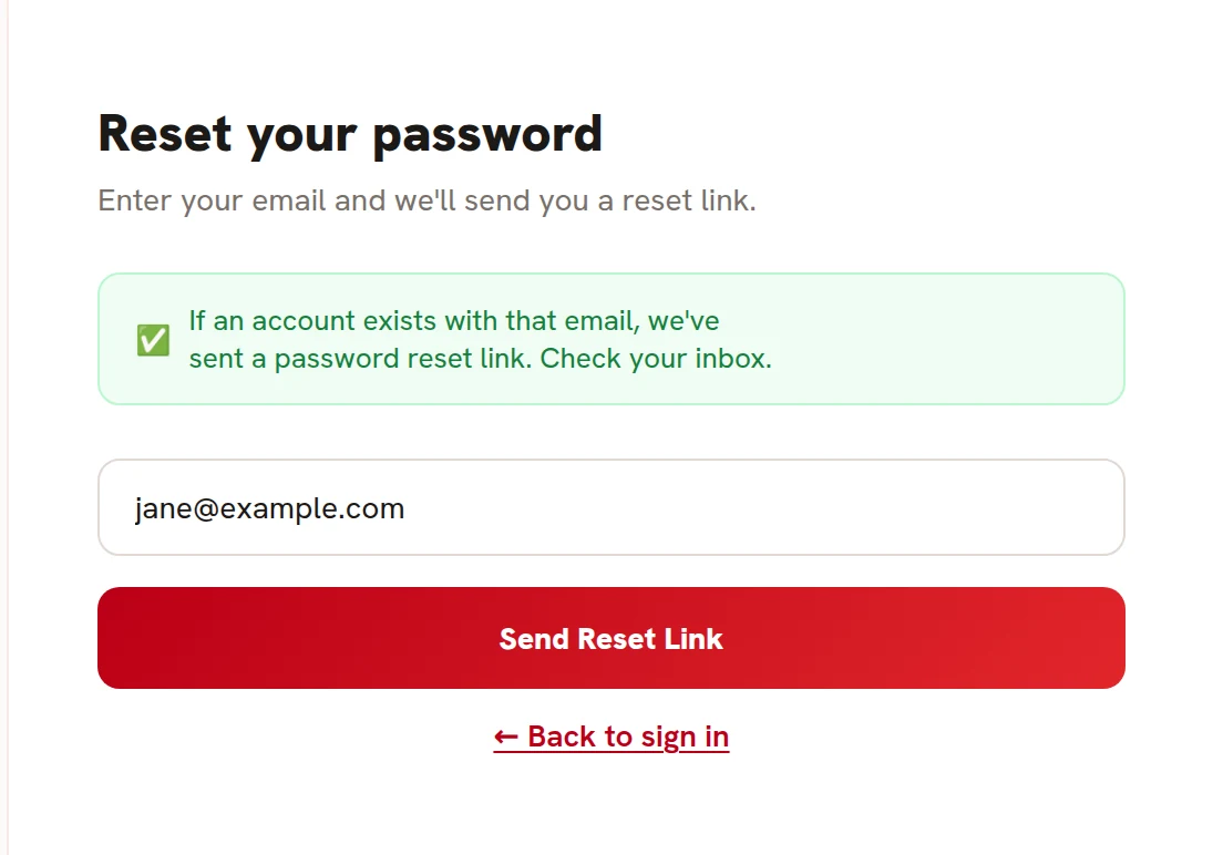 The message saying a reset link has been sent