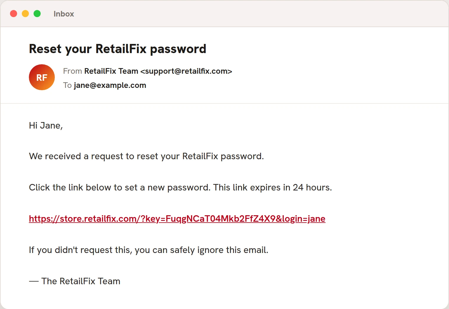 The password reset email