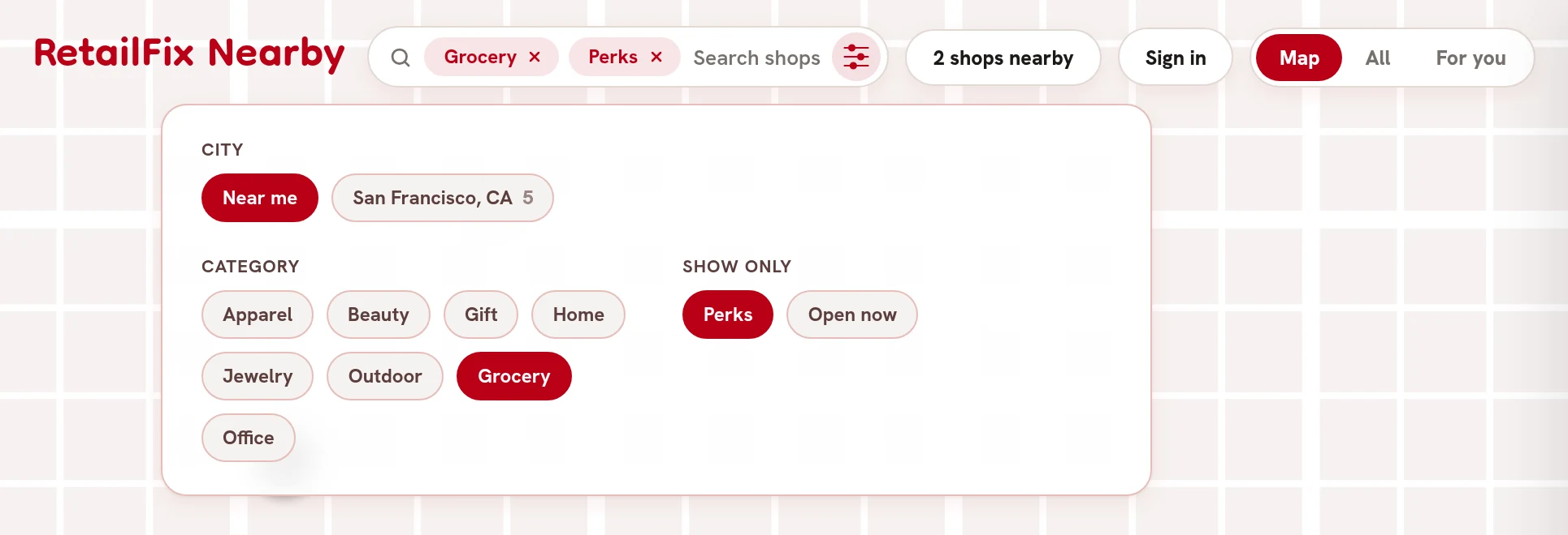 Grocery and Perks filters in the search box