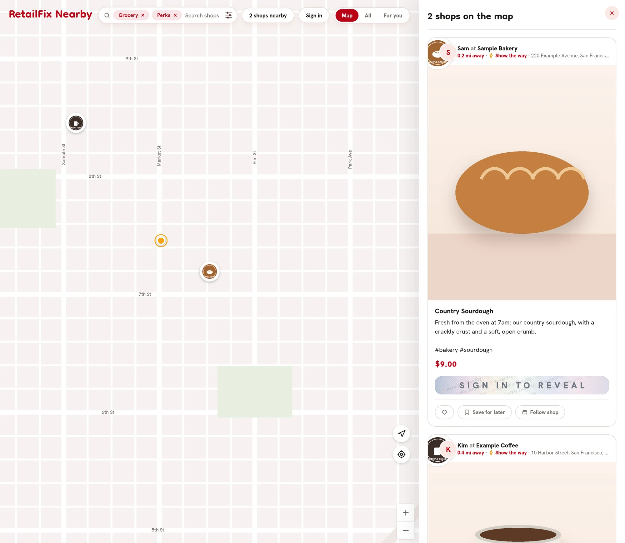 The map showing only the matching shops